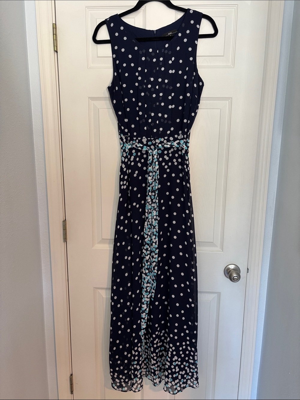 R&K Navy, Aqua & White Polka Dot Sleeveless Maxi Dress with Matching Tie